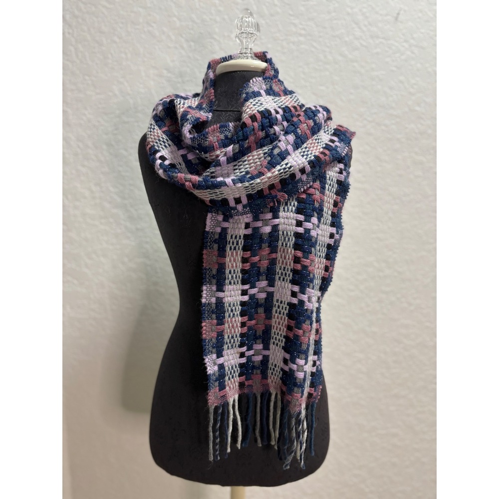 Italian Lambswool Acrylic Blend Plaid‎ Fringe Scarf Blue Pink Gray Sparkle